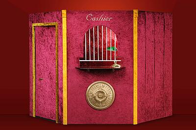 Kassenhaus rotes Kassenhaus mit Stuckelement und Aufschrift Cashier in Gold