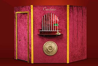Kassenhaus rotes Kassenhaus mit Stuckelement und Aufschrift Cashier in Gold