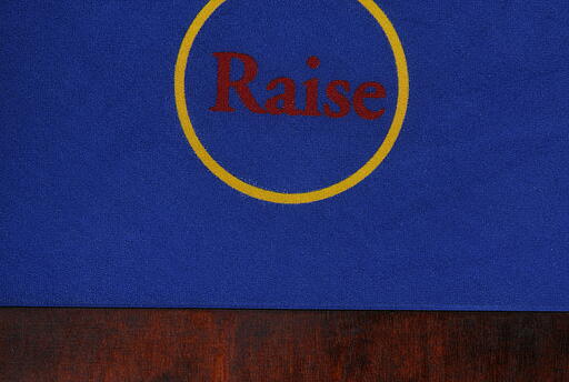 Raise-Feld auf dem Stud-Pokertisch Raise-Feld im gelben Kreis mit roter Schrift auf dem Stud-Pokertisch